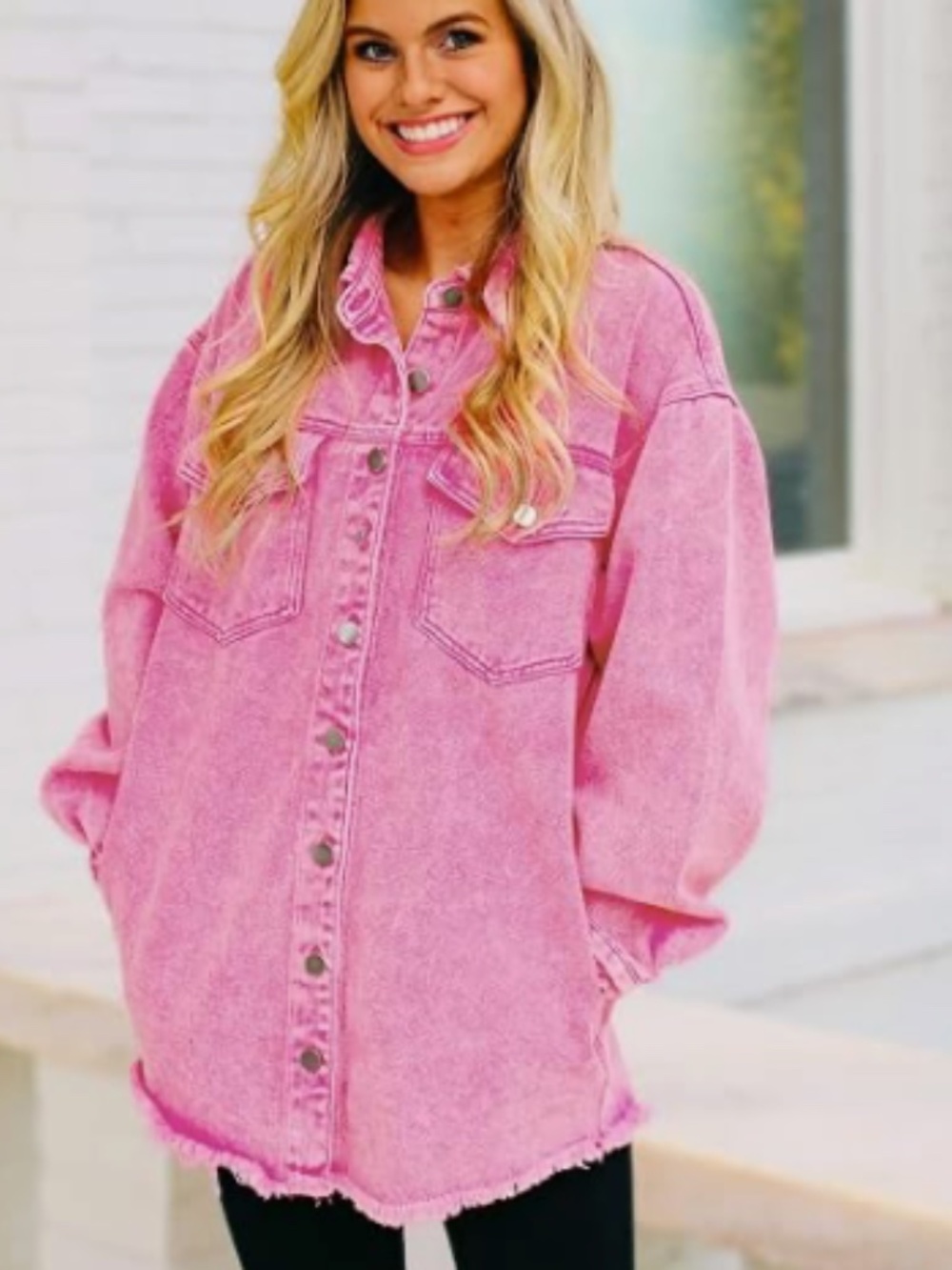Vetinee Women's Oversized Button Up Frayed Hem Denim Shacket Jean Jacket